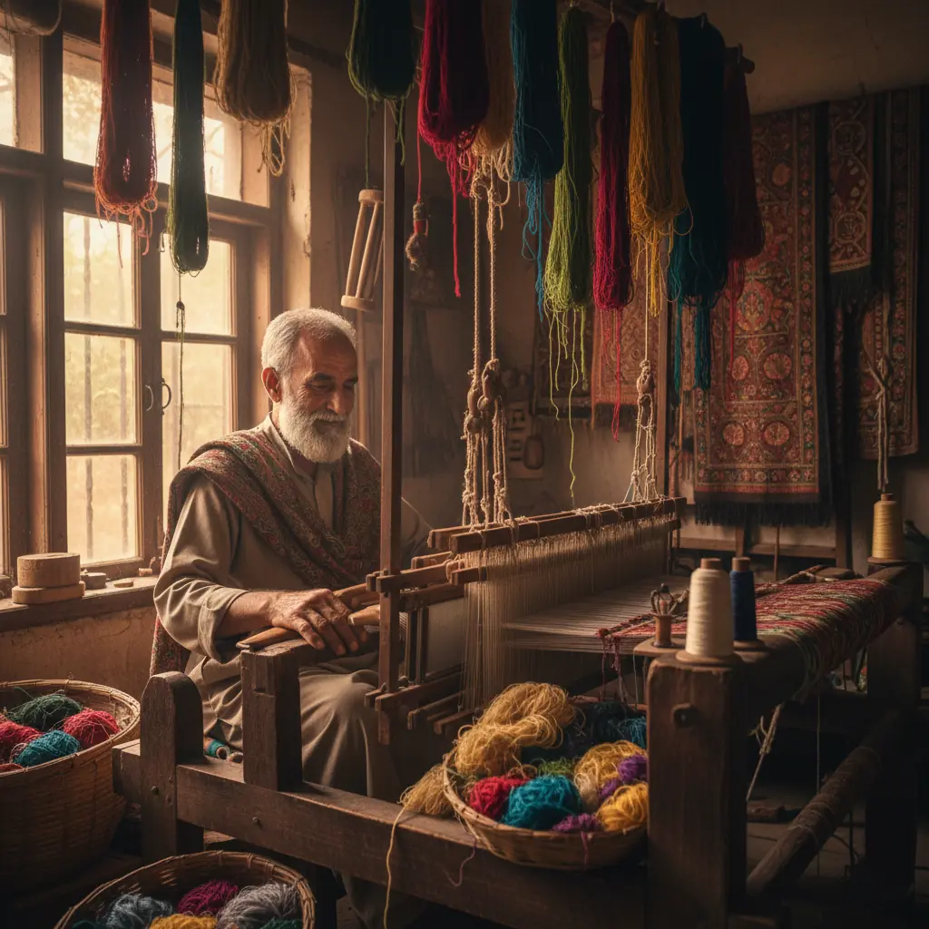 Close-up of intricate Sozni embroidery being worked by hand
